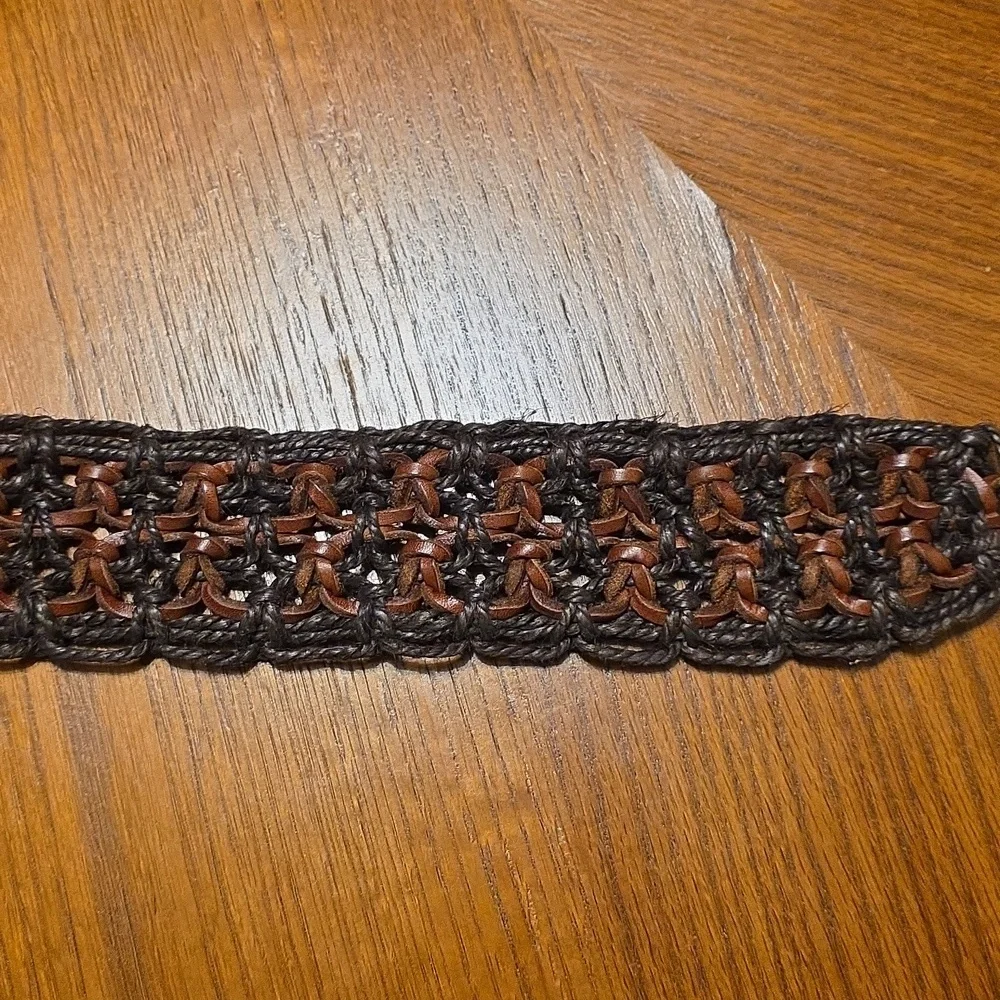 Vintage Woven Brown Macrame and Leather Wide Belt Gold Buckle Fits Up to 32